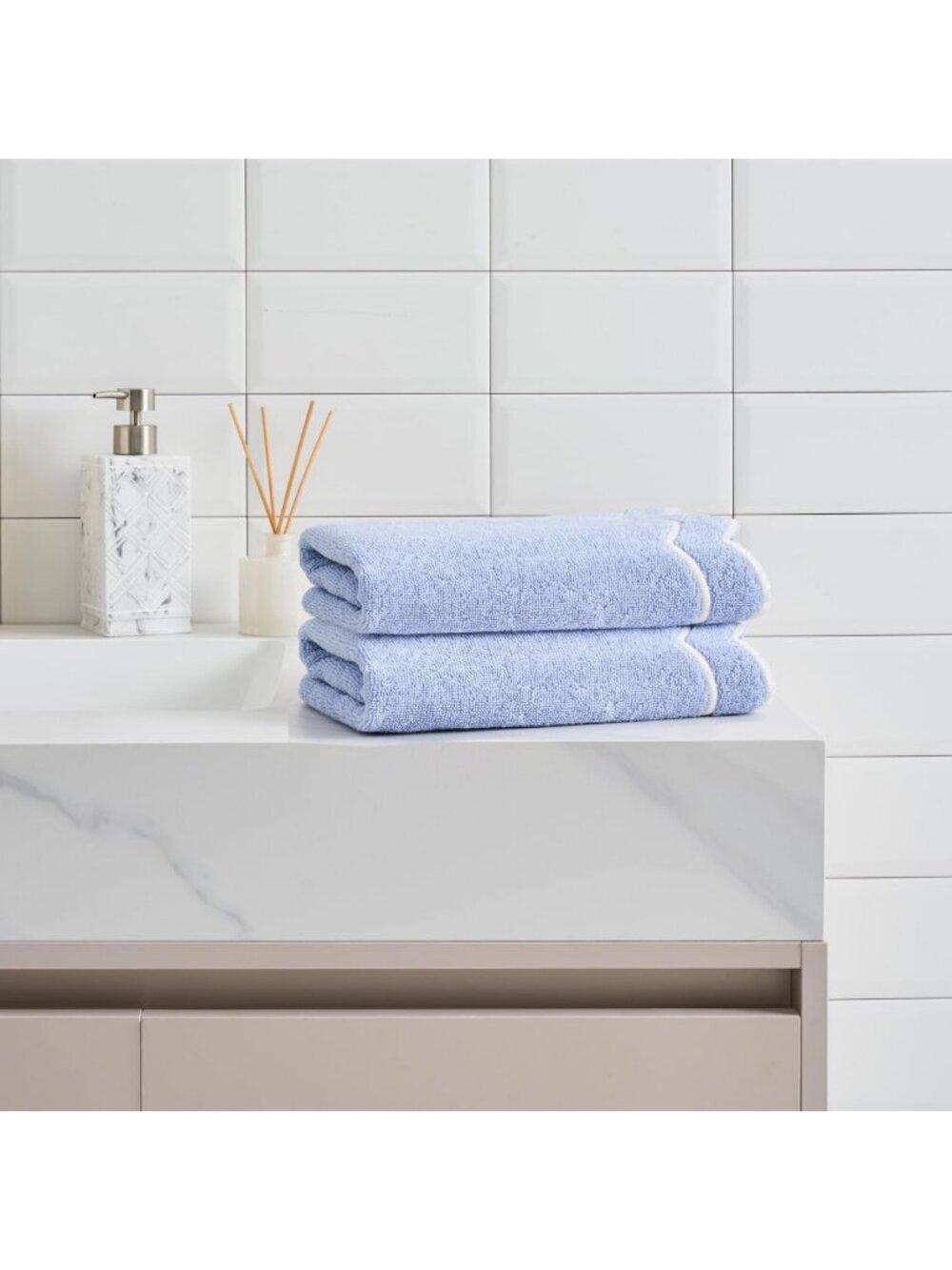 Soft Cotton Bath Towel Set - 2 Piece, Embroidered Blue & White Scallop Design